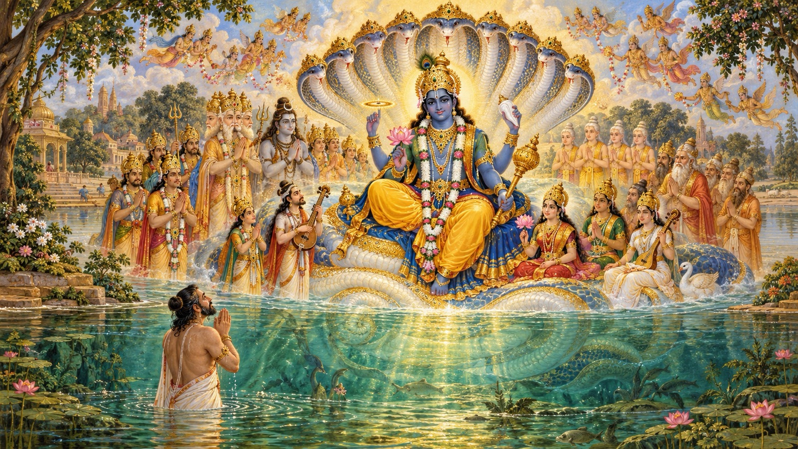 मध्याह्न में कालिन्दी के जल में हाथ जोड़े खड़े अक्रूरजी, जल के भीतर सहस्रफण अनन्त शेष पर विराजमान चतुर्भुज भगवान् का दर्शन करते हुए