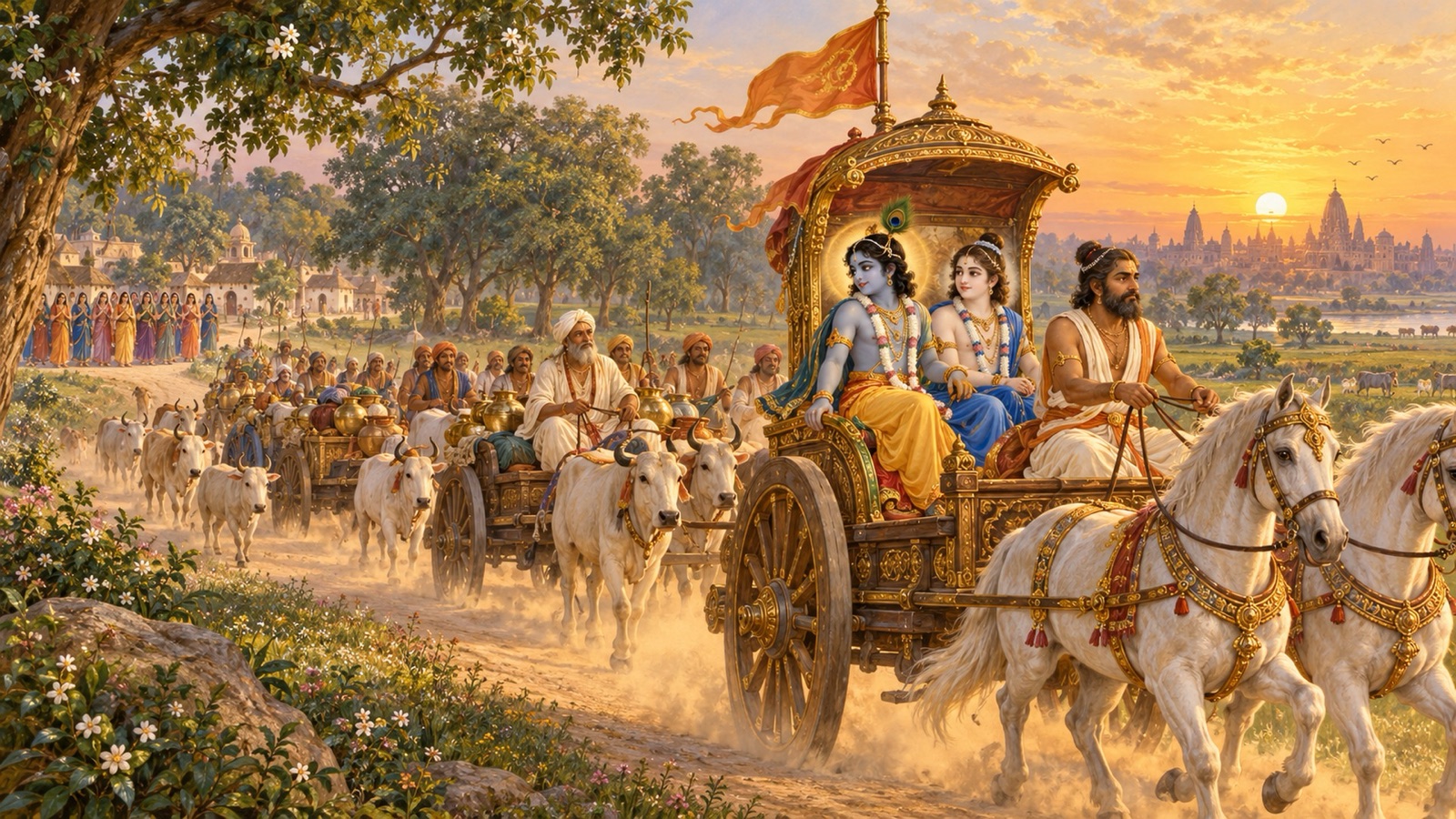 Akrura's chariot carrying Krishna and Balarama along the Mathura road at sunrise, Nanda's bullock-carts following and the gopis standing still behind