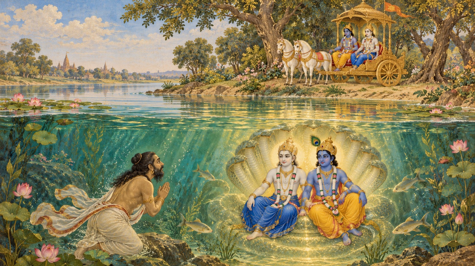 Akrura plunged in the pool of the Yamuna seeing Balarama and Krishna seated together beneath the water while the chariot waits on the bank