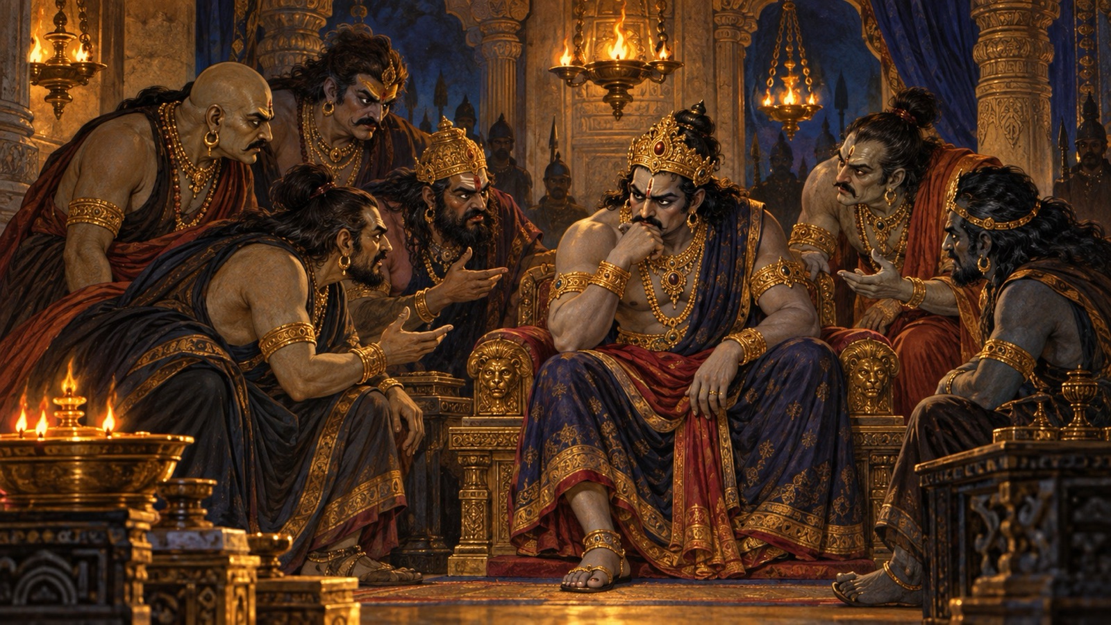 अपने मन्त्रणा-कक्ष में दैत्य मन्त्रियों से परामर्श लेता कंस