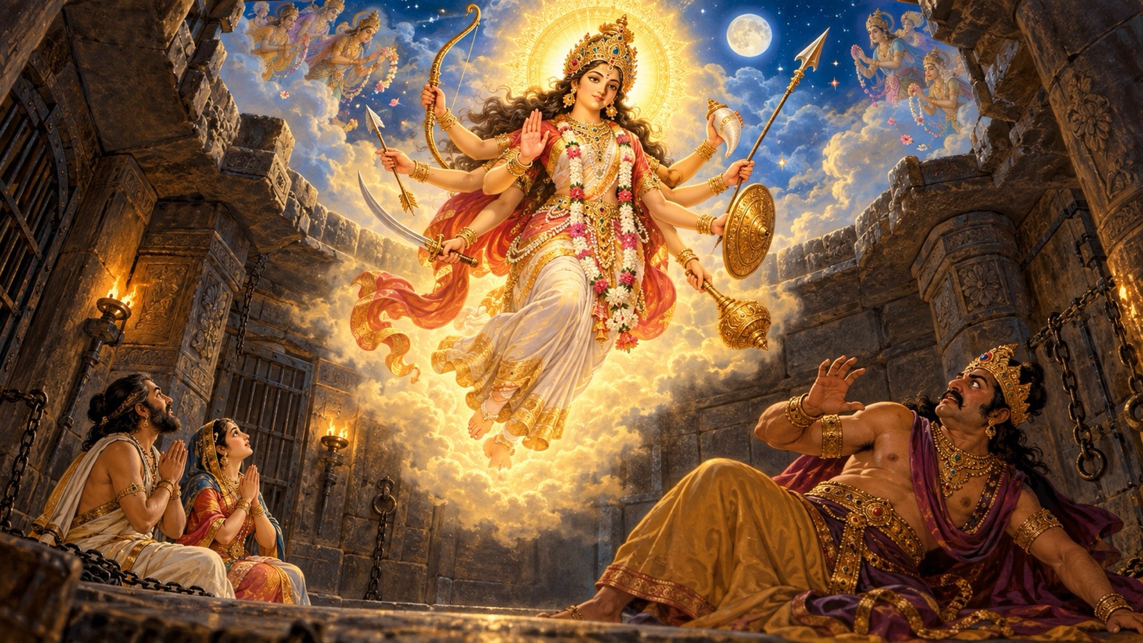 कारागार में विस्मित कंस के ऊपर आकाश में आठ भुजाओं वाली देवी रूप में उठती योगमाया, अपनी भविष्यवाणी कहती हुई