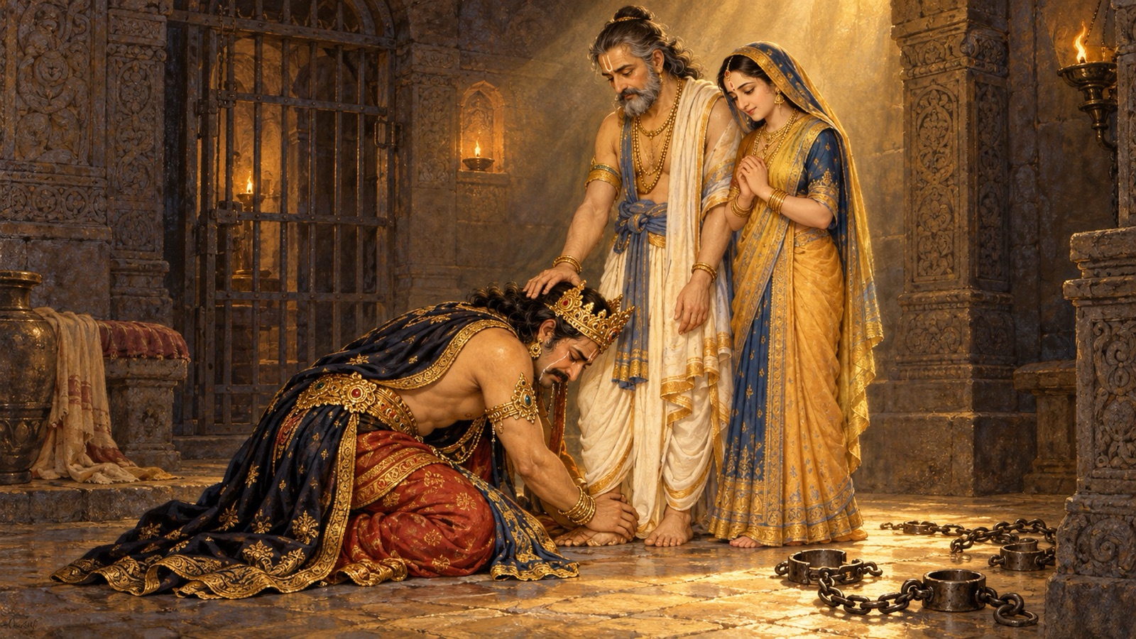 The repentant Kamsa clasping the feet of Vasudeva and Devaki after freeing them from their chains