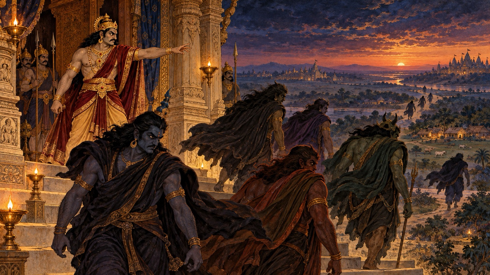 Kamsa commanding his demons to persecute the righteous throughout the land