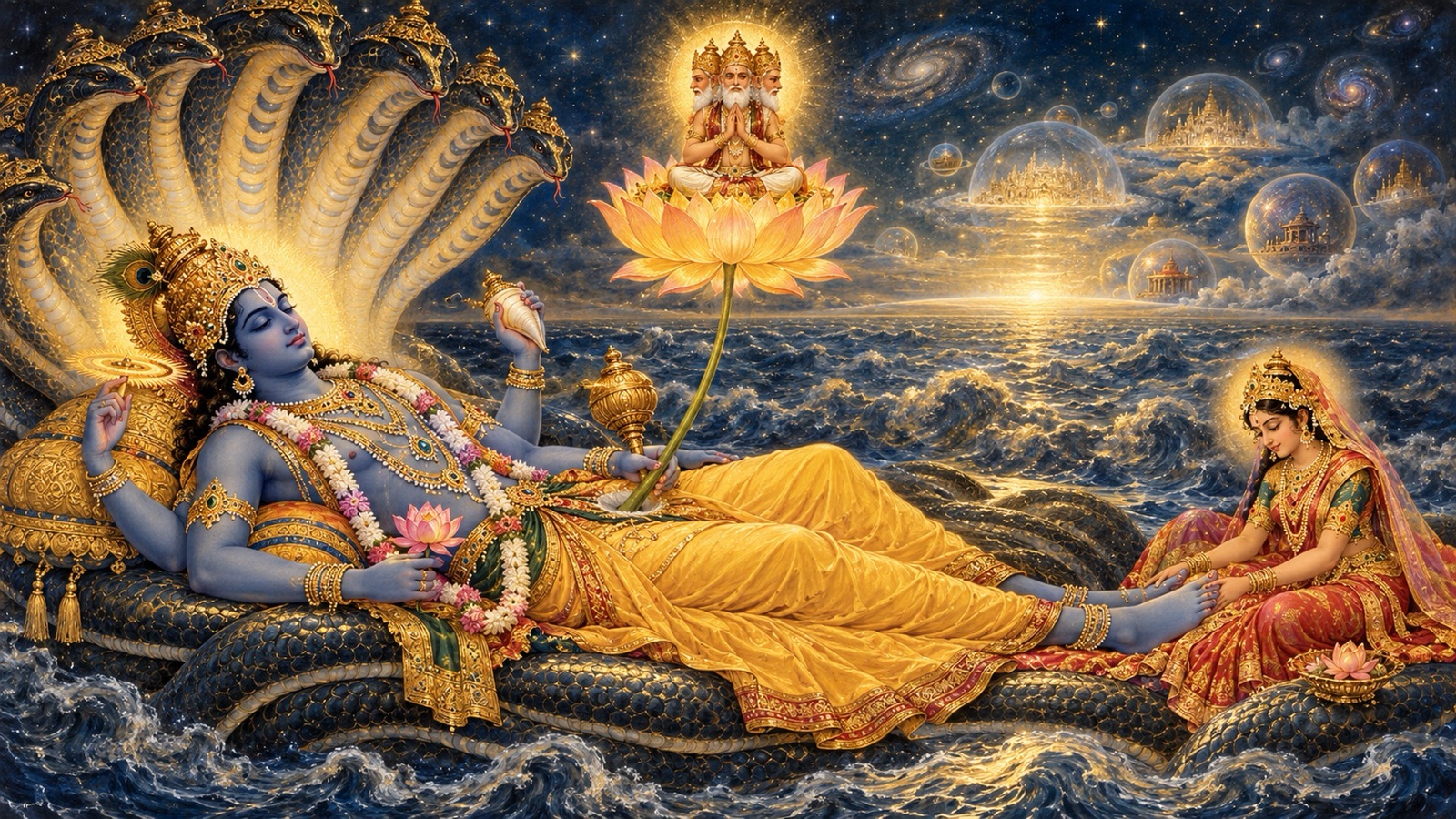 Four-armed Narayana reclining on Shesha with a lotus rising from His navel, upon which four-faced Brahma is seated