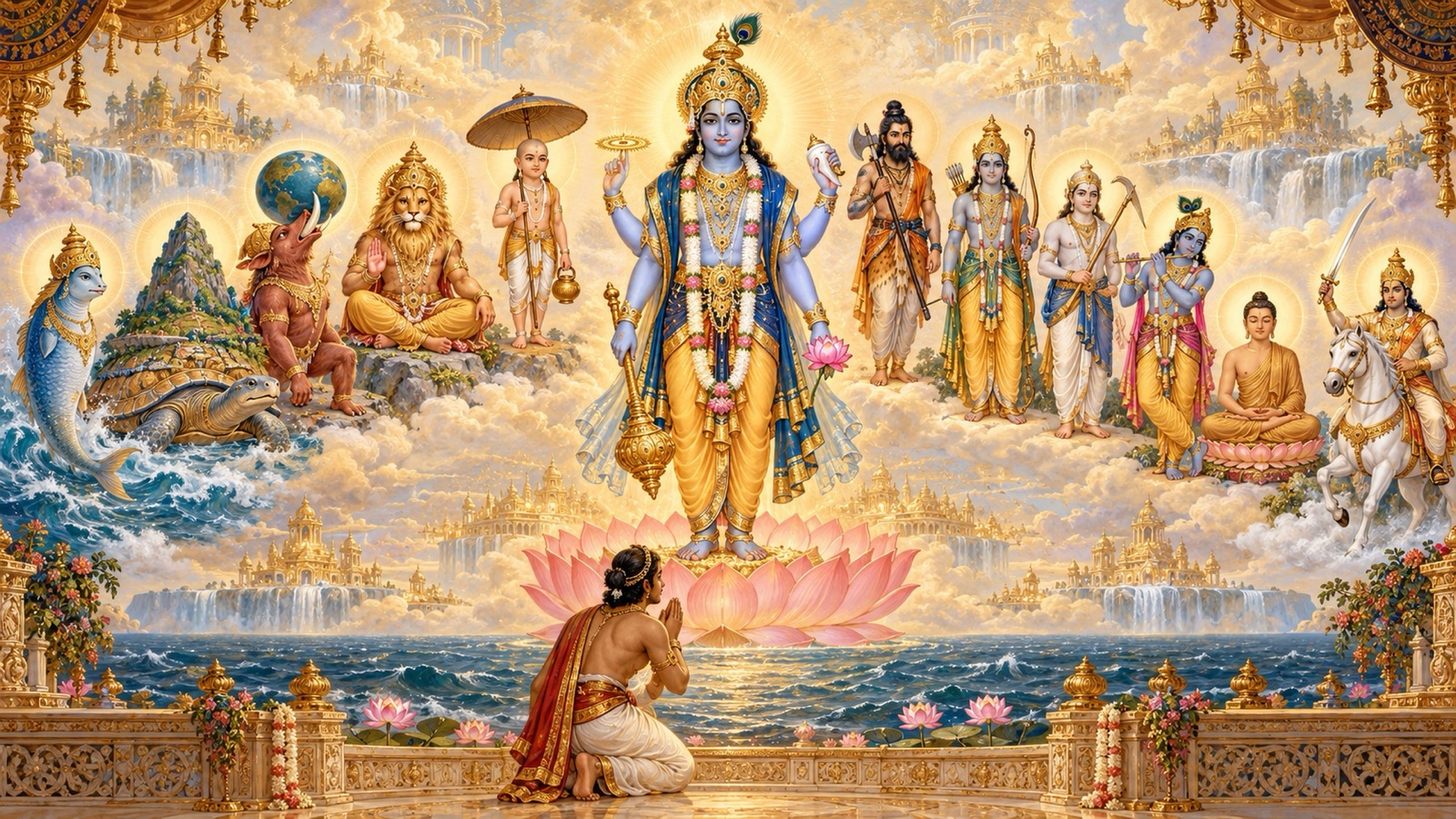 A reverent panorama of the Lord's descents — Fish, Tortoise, Boar, Man-Lion, Dwarf, Parashurama, Rama, Balarama, Krishna, Buddha and Kalki — arranged around a central radiant Narayana