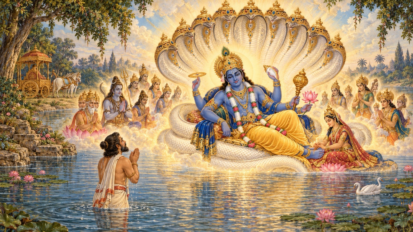 Akrura standing in the waters of the Kalindi with joined palms, praying before the four-armed Lord revealed upon the coils of Shesha