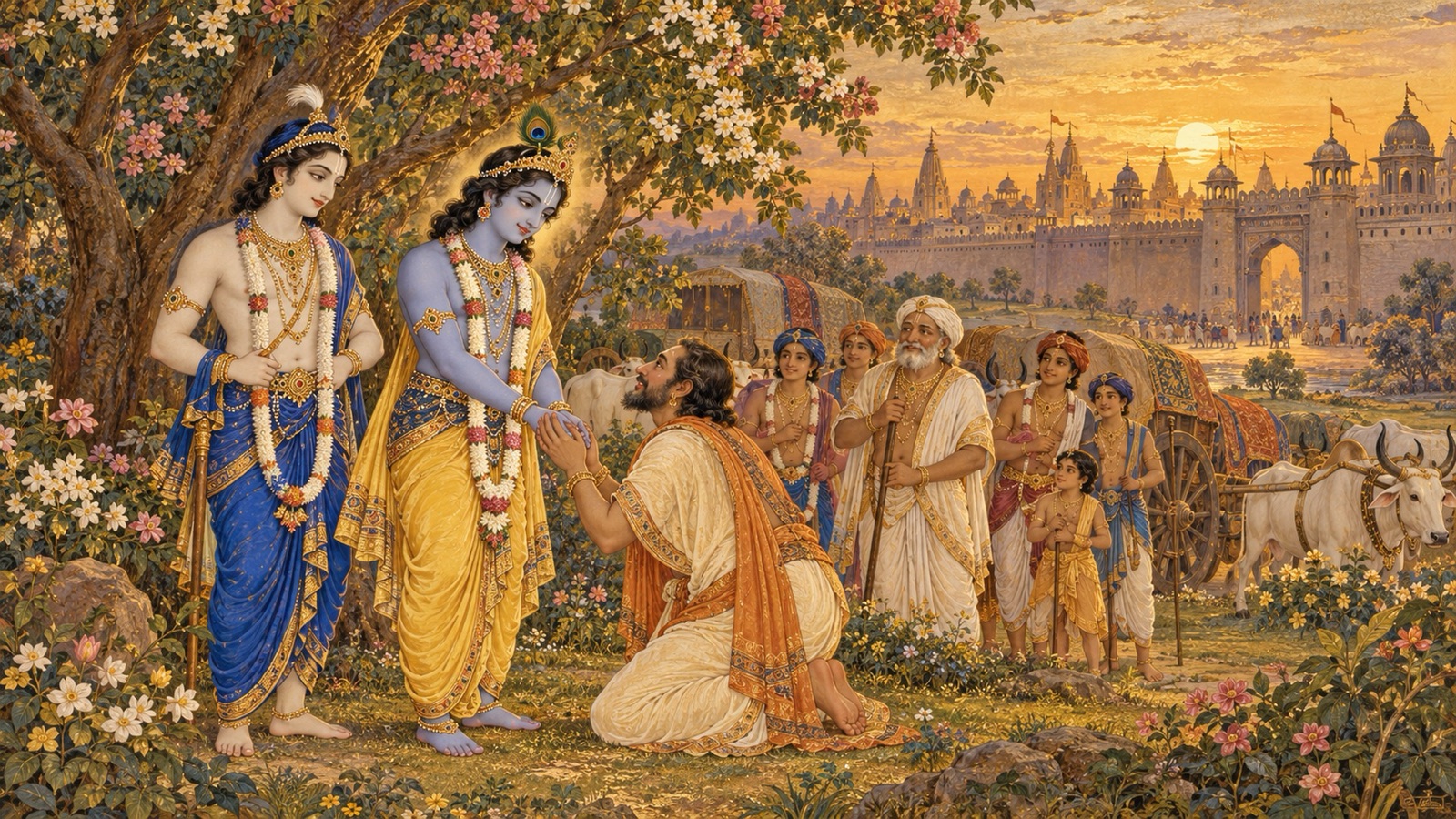 मथुरा के बाहर एक उपवन में कृष्ण और बलराम के सामने हाथ जोड़कर झुके अक्रूर, विनती करते हुए कि वे उनके घर पधारें