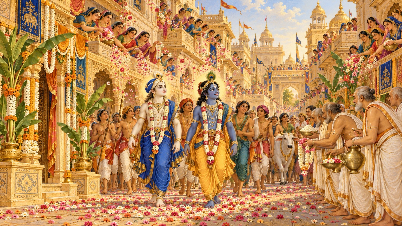 छतों और छज्जों से राजमार्ग पर चलते कृष्ण और बलराम पर पुष्पवर्षा करती मथुरा की स्त्रियाँ