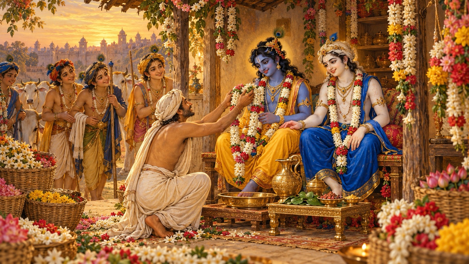 अपने साधारण घर के द्वार पर झुककर कृष्ण और बलराम को सुगन्धित फूल-मालाएँ अर्पित करता मालाकार सुदामा
