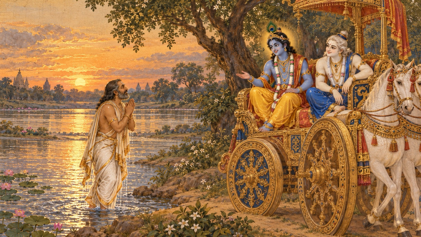 Akrura rising wonder-struck from the Yamuna and returning to the chariot where Krishna and Balarama wait and ask what he has seen