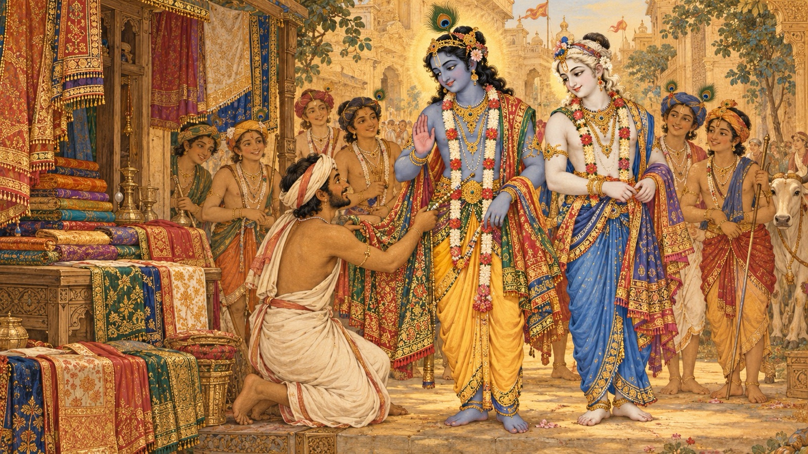 A loving weaver adorning Krishna and Balarama with ornaments of many-coloured cloth so that they shine like two young elephants, one dark and one fair
