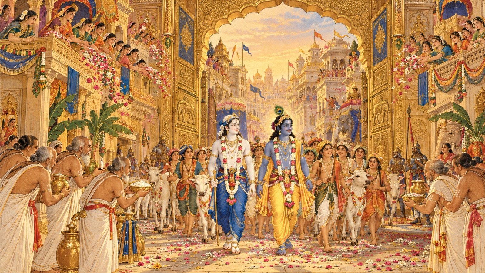 Krishna and Balarama walking on foot through the golden gateway of Mathura surrounded by cowherds while the city's women shower flowers from the rooftops