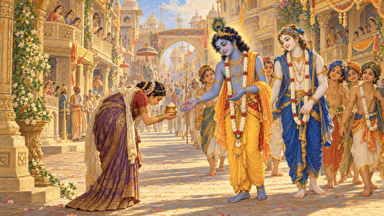 मथुरा के राजमार्ग पर कृष्ण और बलराम को श्रद्धापूर्वक अंगराग का पात्र अर्पित करती कुबड़ी दासी त्रिवक्रा