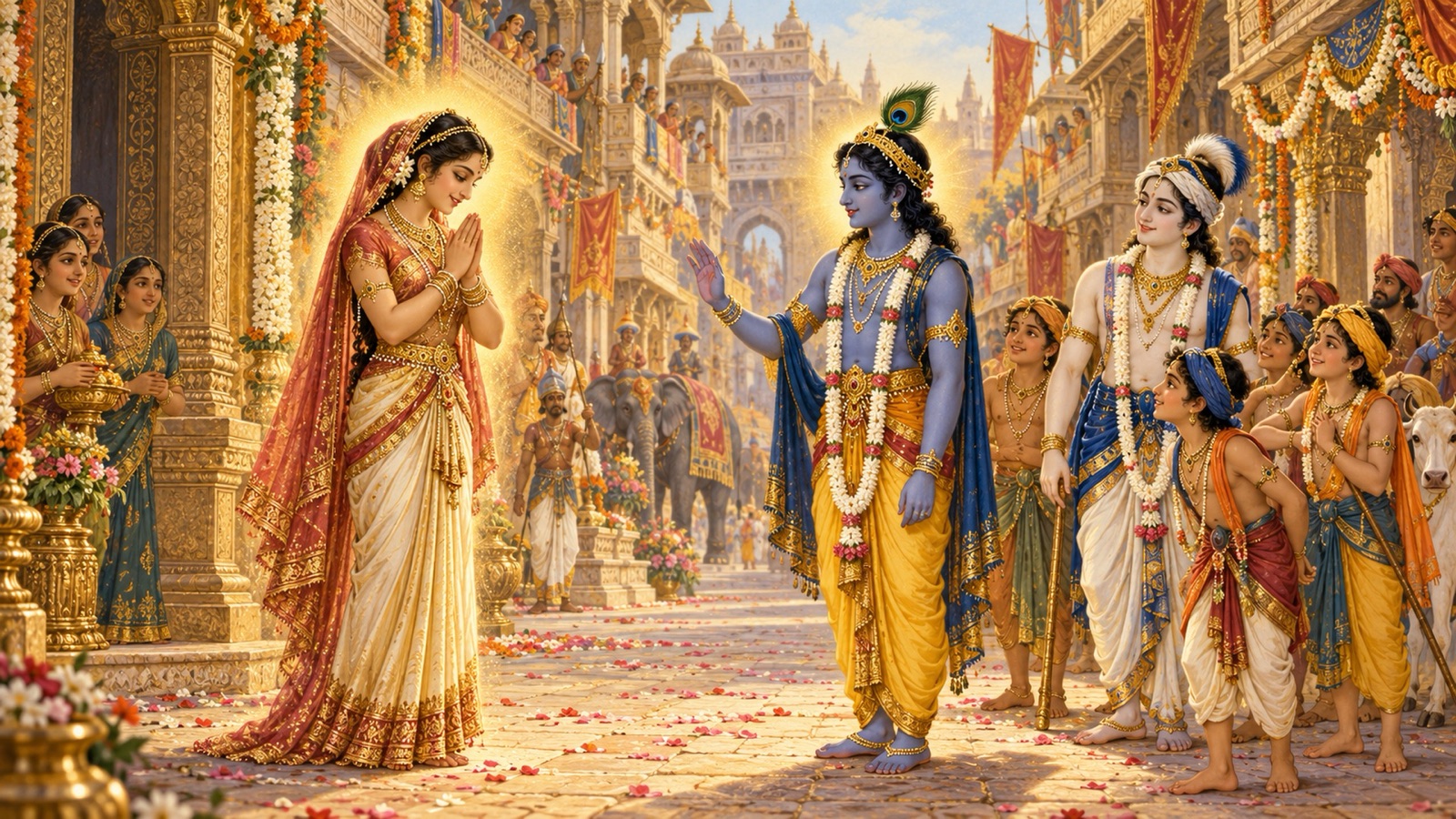 कृष्ण के स्पर्श के बाद हाथ जोड़े सीधी और तेजस्वी खड़ी त्रिवक्रा, बलराम और गोप देखते हुए