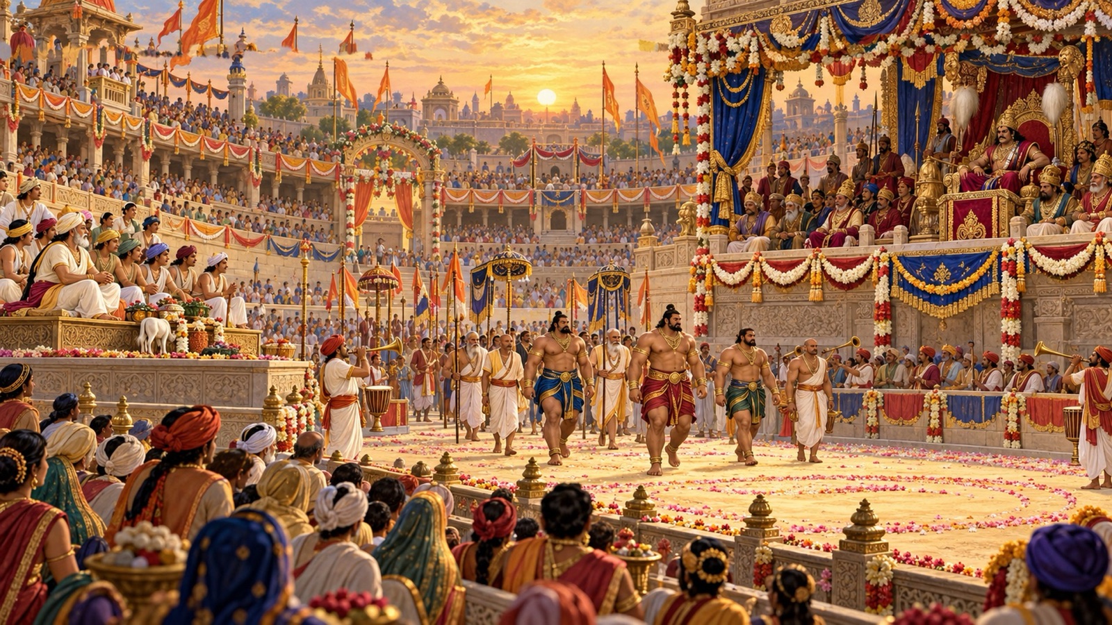 The decorated wrestling arena of Mathura at sunrise with Kamsa on the royal dais, wrestlers entering, and Nanda with the cowherds seated apart