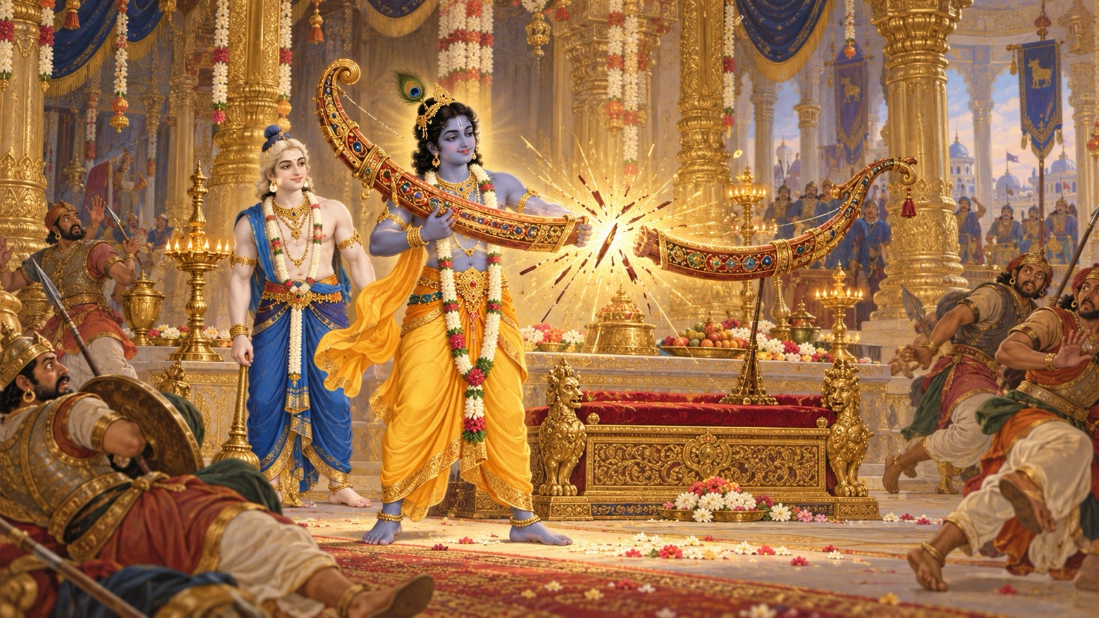 Krishna breaking Kamsa's jewelled sacrificial bow in the hall of Mathura as the guards fall back and Balarama looks on