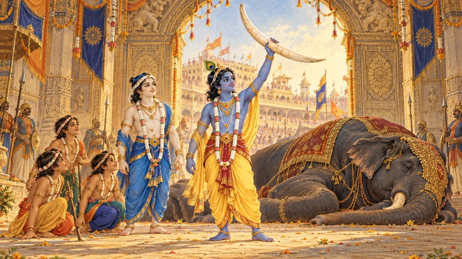कंस की रंगशाला के द्वार पर पराजित हाथी कुवलयापीड का दाँत ऊपर उठाए कृष्ण, पास में बलराम