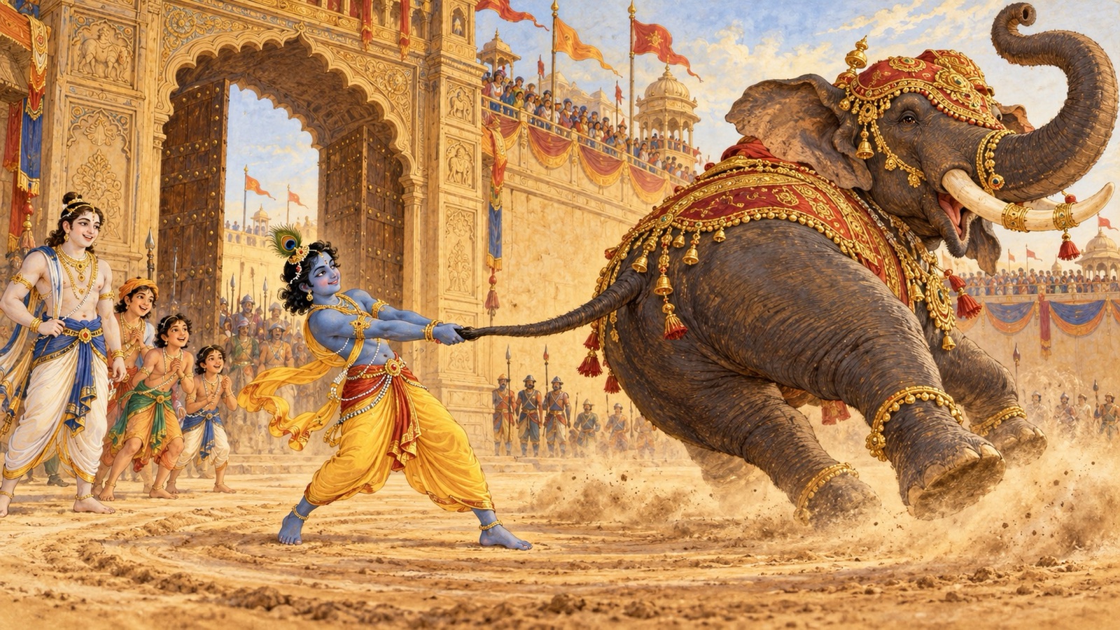 Krishna holding the elephant Kuvalayapida by the tail and wheeling it around as easily as a boy swings a calf
