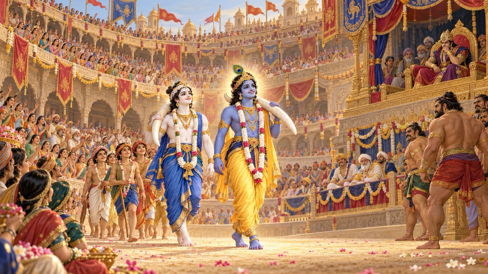 Krishna and Balarama entering the wrestling arena with elephant tusks on Their shoulders while the galleries gaze in wonder and Kamsa watches from his dais