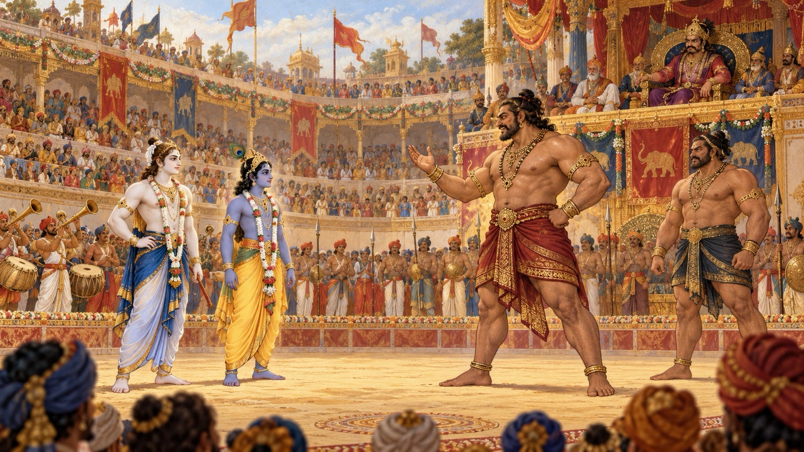 The wrestler Chanura addressing Krishna and Balarama in the arena with Mushtika beside him and Kamsa seated above