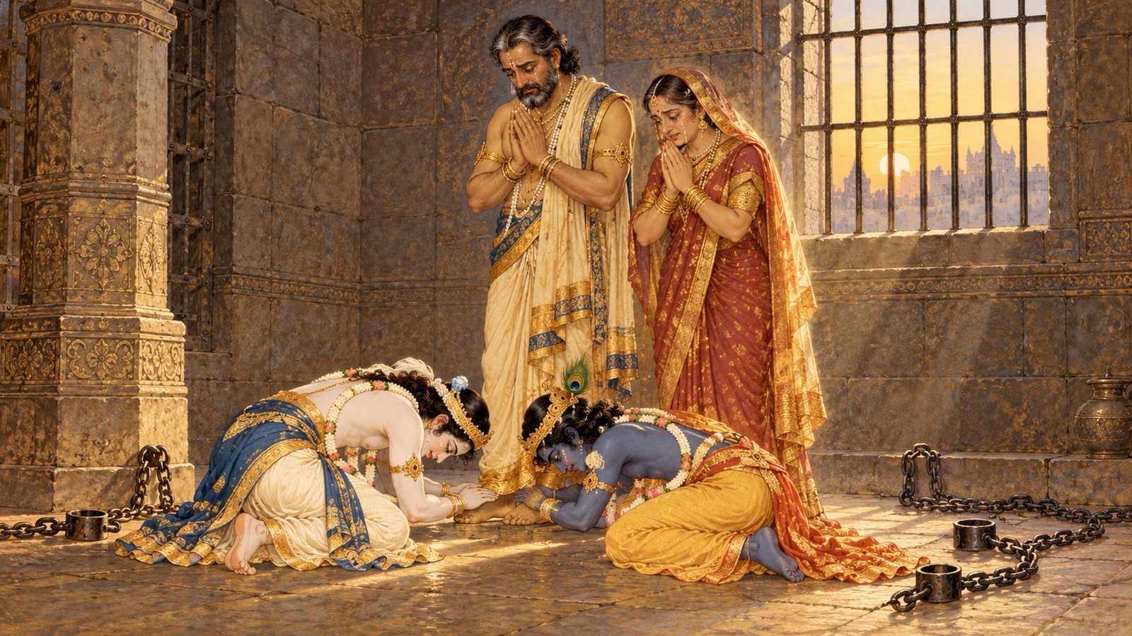 बेड़ियों से मुक्त वसुदेव और देवकी के चरणों में सिर रखकर प्रणाम करते कृष्ण और बलराम
