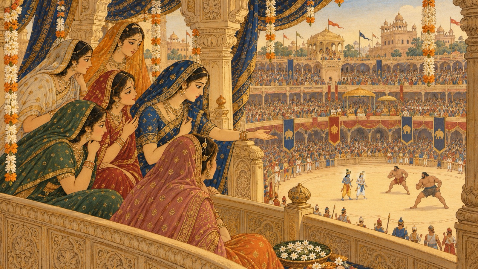 Women of Mathura in the arena gallery speaking together with compassion as the unequal wrestling match goes on below