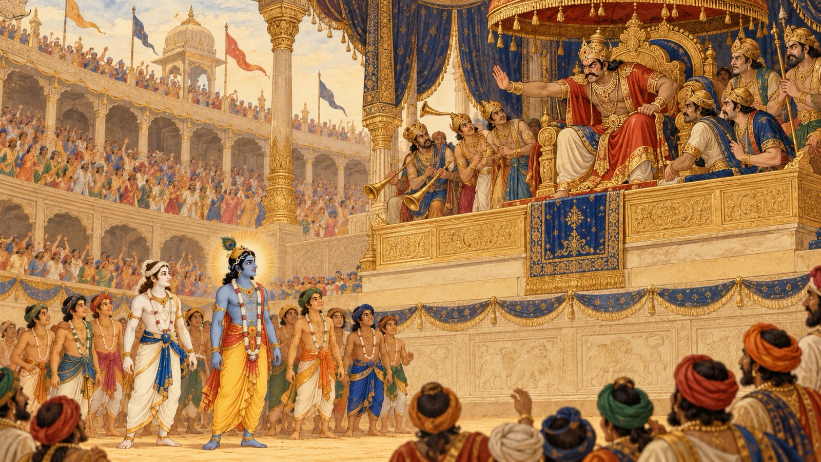 Kamsa on his lofty dais ordering the trumpets silenced as Krishna and Balarama stand below among their cowherd friends