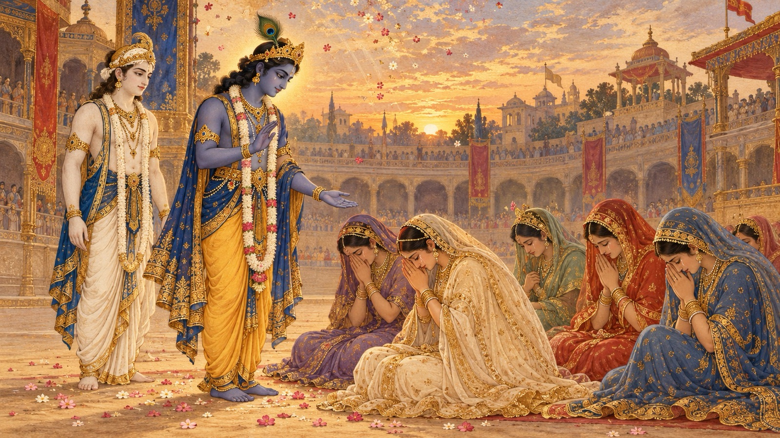 Krishna gently consoling the grieving widows of Kamsa and his brothers in the arena as celestial flowers fall