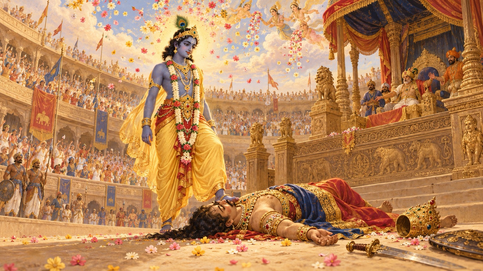 Krishna standing victorious on the royal dais of Mathura's arena with Kamsa fallen at His feet and his crown rolled aside