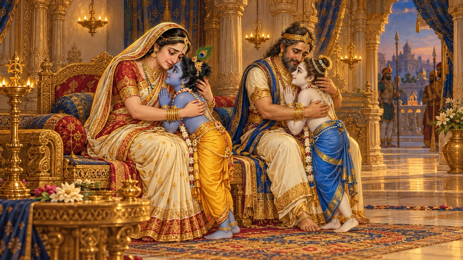 देवकी और वसुदेव के सामने झुके कृष्ण और बलराम; माता-पिता रोते हुए कृष्ण को गोद में खींच लेते हैं