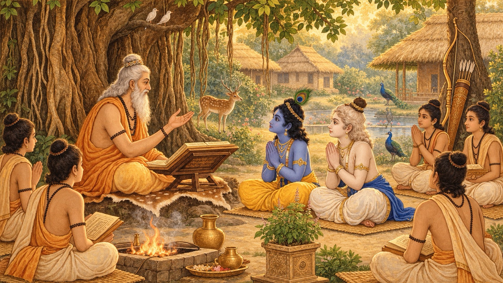 अवन्तीपुर के वन-आश्रम में ऋषि सान्दीपनि के सामने शिष्यों की तरह बैठे कृष्ण और बलराम