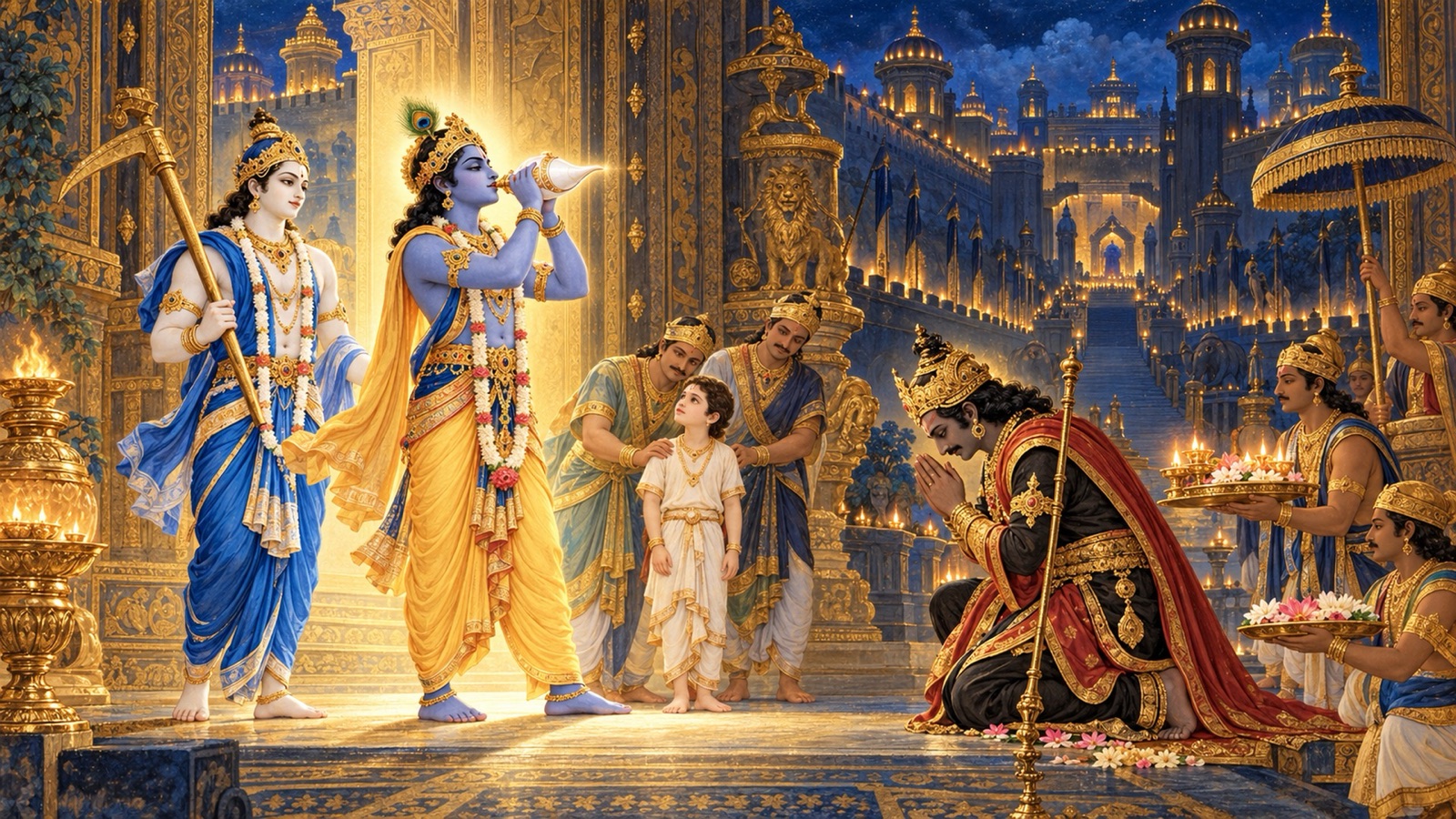संयमनी के द्वार पर शंखधारी कृष्ण और बलराम के सामने झुके मुकुटधारी, गरिमामय यमराज