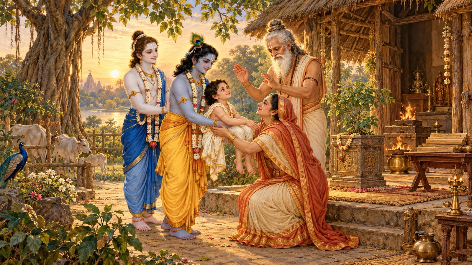 आश्रम में गुरु सान्दीपनि और उनकी पत्नी को उनका खोया पुत्र लौटाते कृष्ण और बलराम