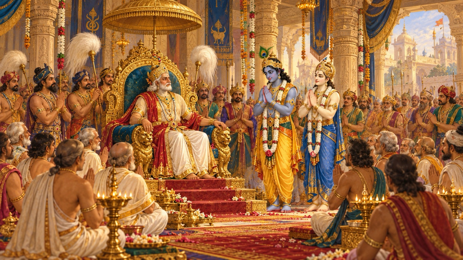 Ugrasena enthroned as king of Mathura while Krishna and Balarama stand beside him as humble attendants