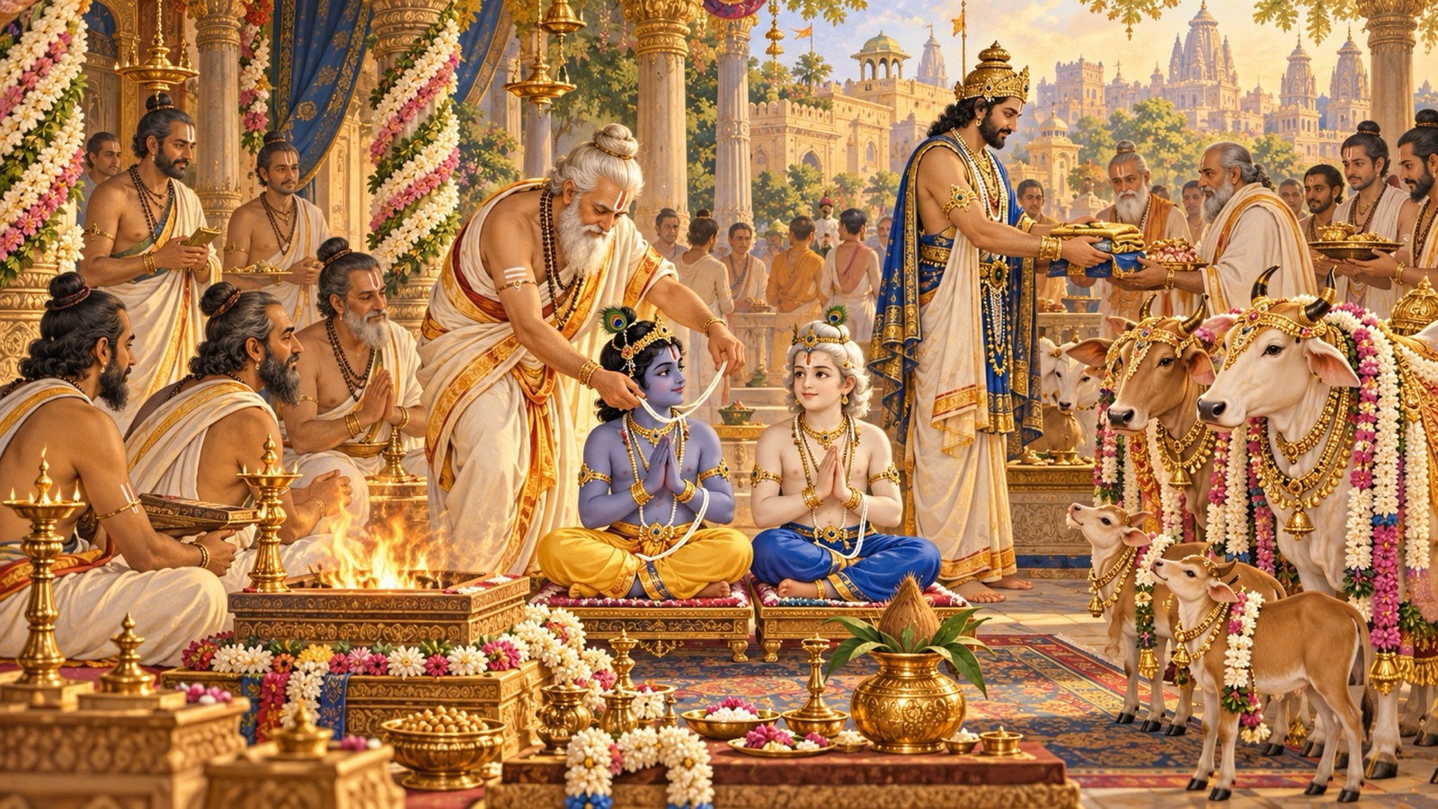 Vasudeva and the sage Garga performing the sacred-thread ceremony of Krishna and Balarama, with gift cows nearby