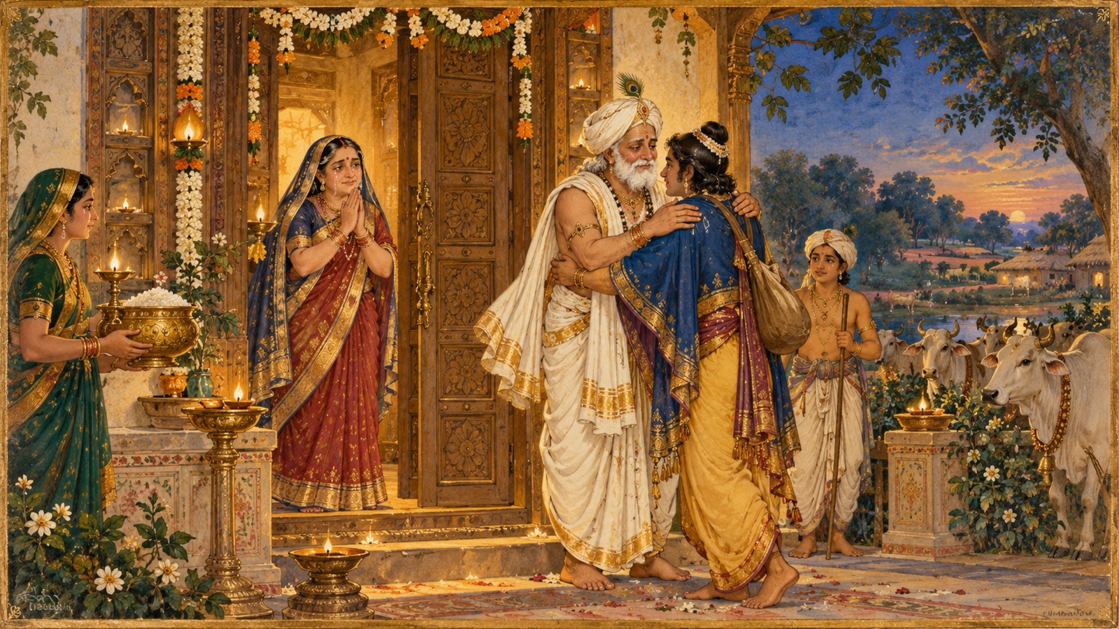 द्वार पर उद्धव को गले लगाते नन्द और पास खड़ी यशोदा, कृष्ण के दूत का सत्कार करते हुए