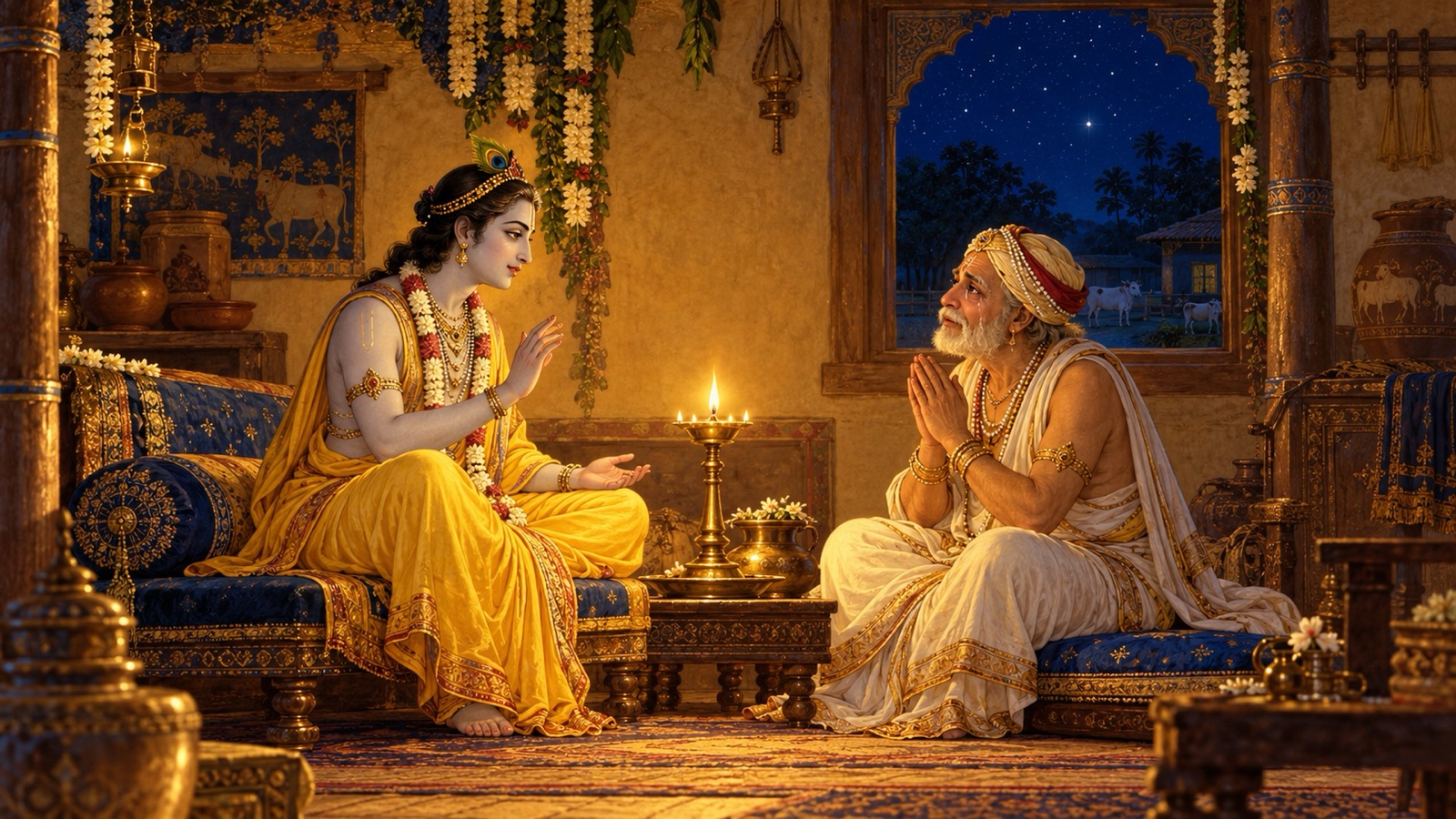नन्द के घर में दीपक के प्रकाश में रात भर बातें करते उद्धव और नन्द