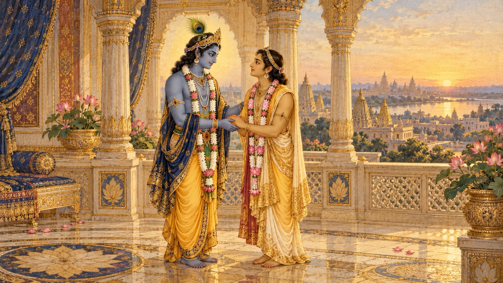 Krishna in Mathura holding Uddhava's hand as He entrusts him with a message for Vraja