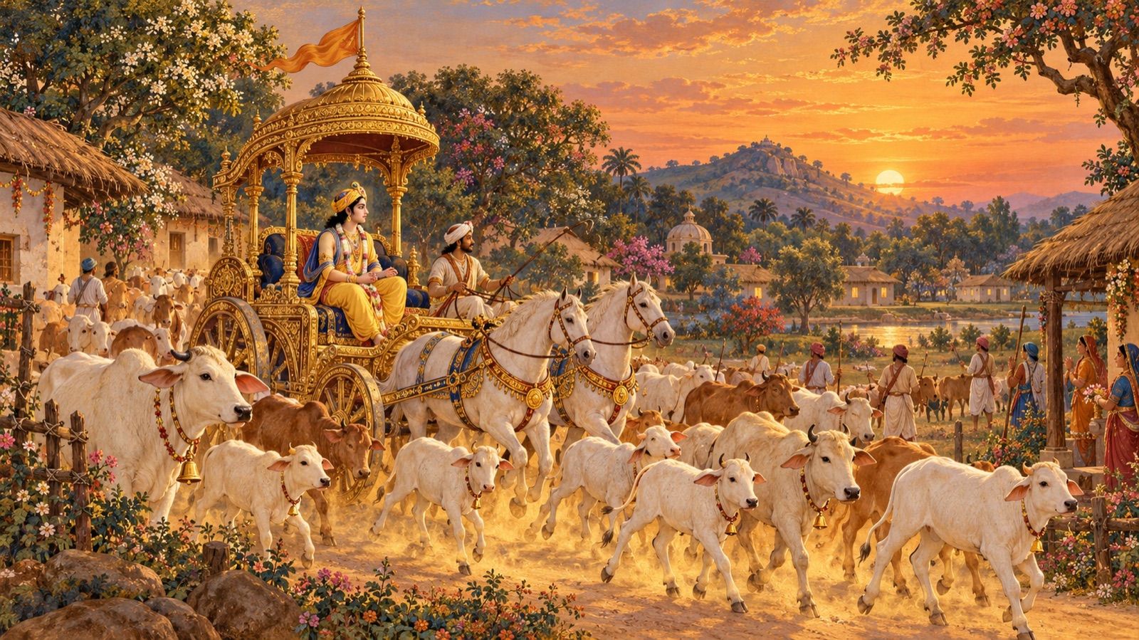 Uddhava's chariot arriving at Nanda's Vraja at sunset amid the dust of cows returning home