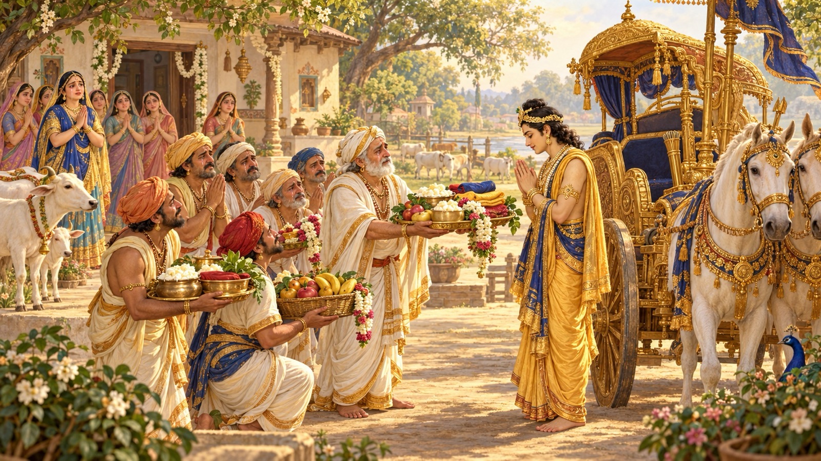 नन्द-भवन के बाहर रथ के पास उद्धव को भेंटों के थाल अर्पित करते अश्रुपूर्ण मुख वाले नन्द और व्रज के गोप