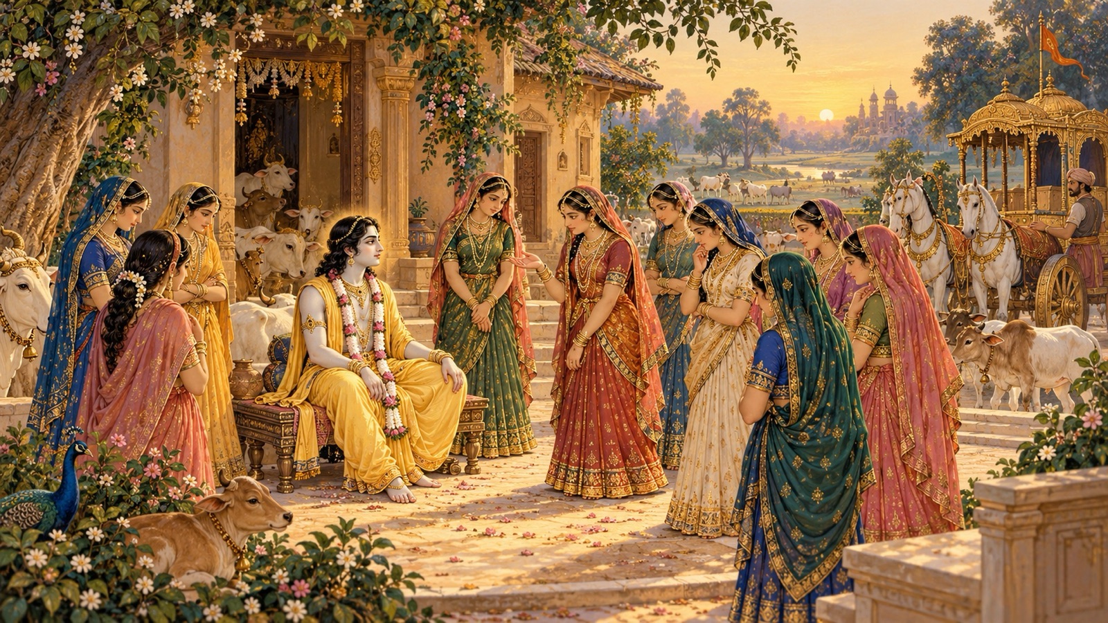 The women of Vraja gathering at a respectful distance around the newly arrived Uddhava, seated in yellow silk with a lotus garland, at dawn outside Nanda's house