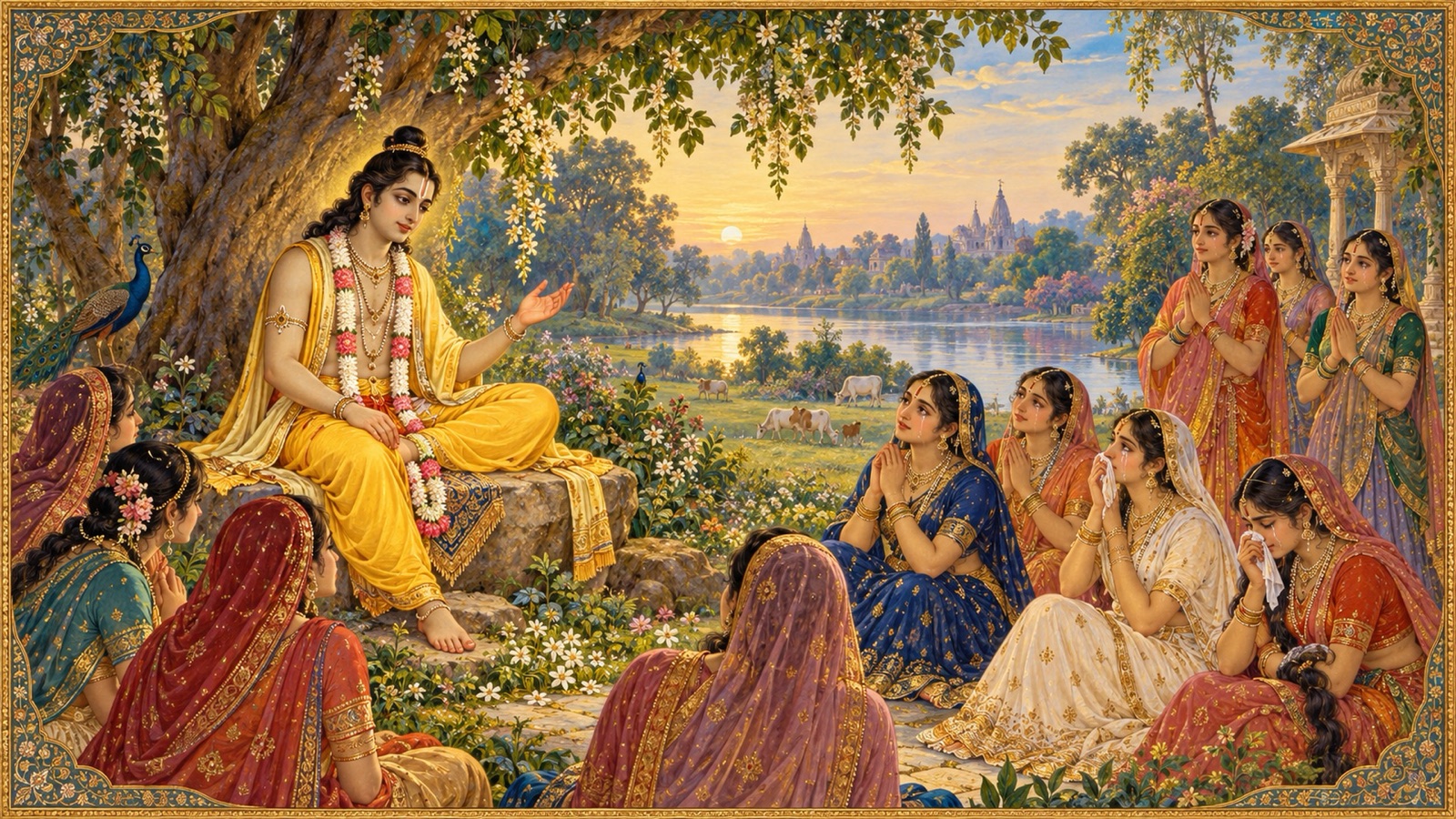 Uddhava seated and speaking with raised hand as the gopis of Vraja listen attentively from a distance, some wiping tears