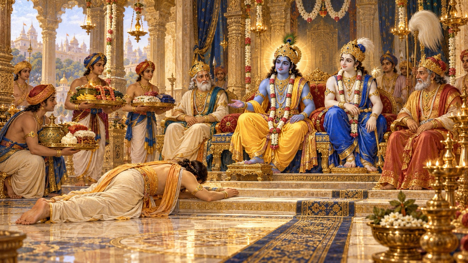 Uddhava prostrating before Krishna in the royal hall of Mathura, with Balarama, Vasudeva and King Ugrasena seated nearby and attendants holding trays of gifts