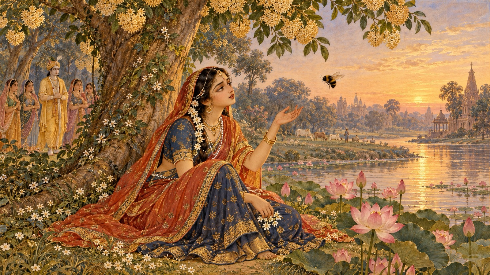 A grieving gopi of Vraja addressing a bumblebee hovering before her as though it were Krishna's messenger, at dawn in Vrindavana