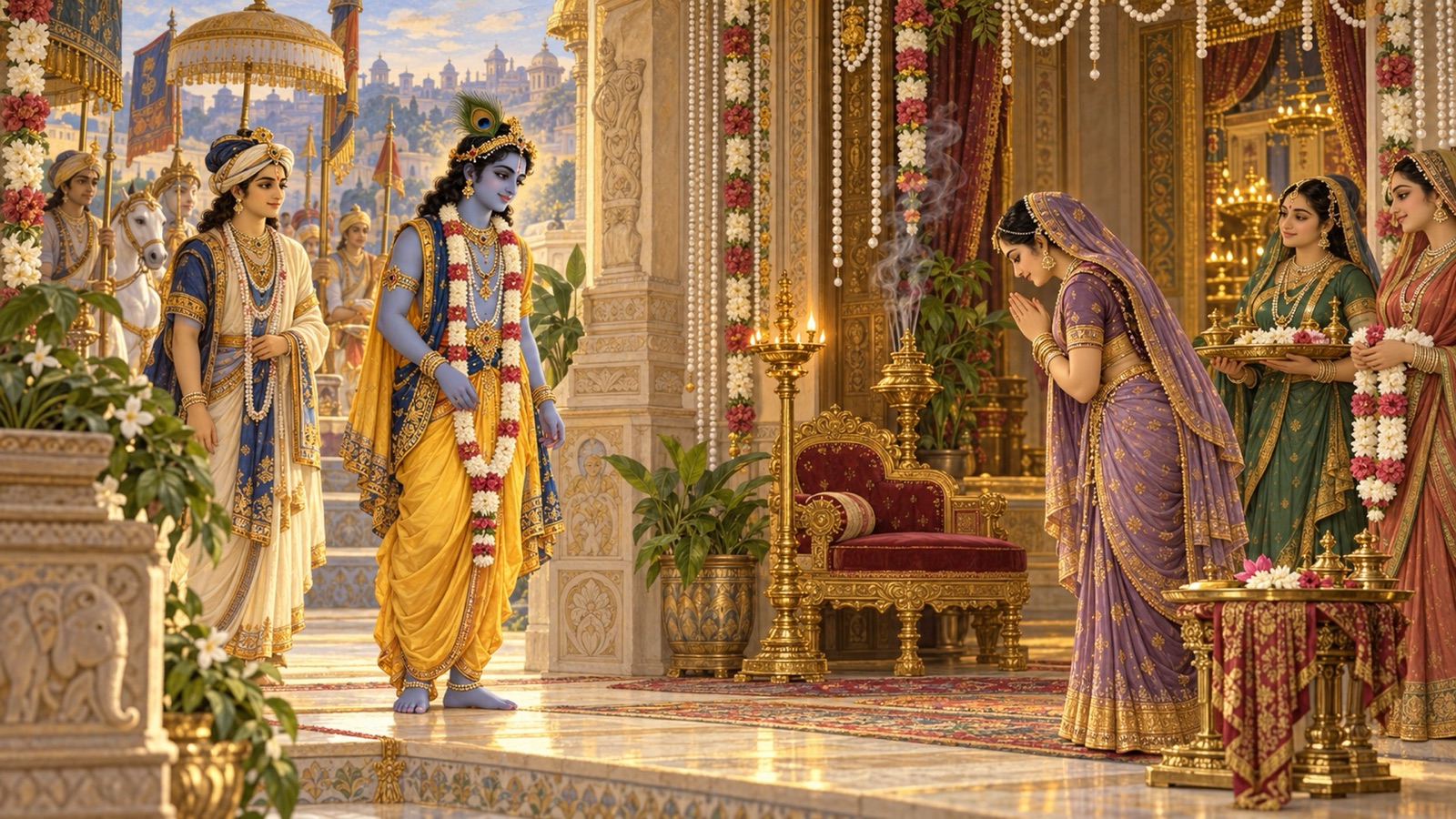 अपने द्वार पर आसन, दीप और पूजा-सामग्री सहित श्रीकृष्ण और उद्धव की अगवानी करतीं त्रिवक्रा और उनकी सखियाँ