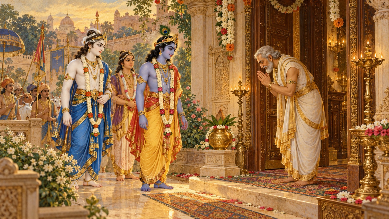 मथुरा में अपने घर के द्वार पर हाथ जोड़े श्रीकृष्ण, बलराम और उद्धव का स्वागत करते अक्रूरजी