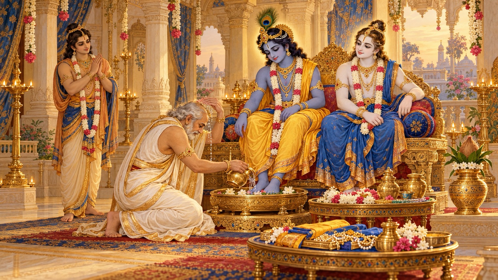 Akrura washing the feet of Krishna and Balarama and sprinkling the water over his own head as Uddhava looks on