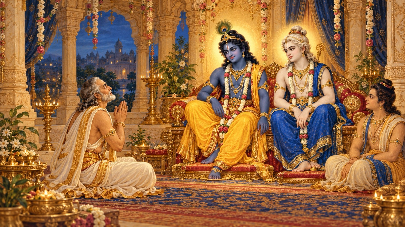 Akrura with folded hands offering his hymn of praise before the seated Krishna and Balarama