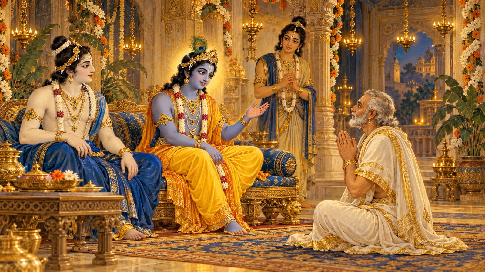 Krishna gently instructing Akrura to go to Hastinapura while Balarama and Uddhava listen