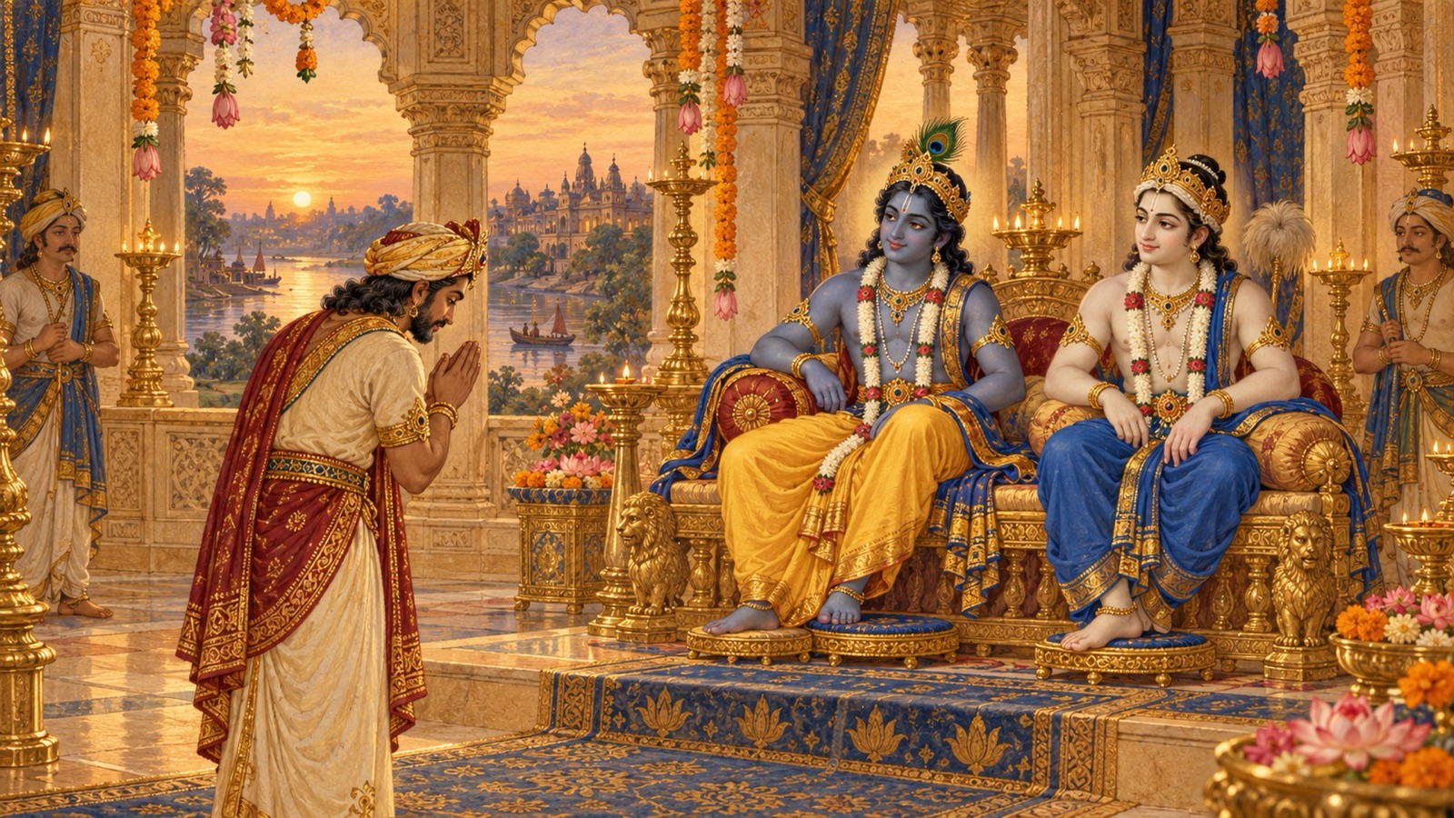 मथुरा के राजभवन में हाथ जोड़े श्रीकृष्ण और बलराम को अपना निवेदन सुनाते अक्रूर